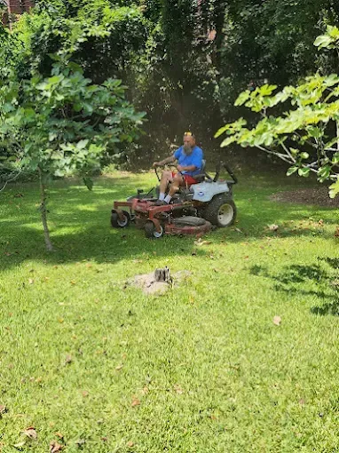 Man mowing grass on a riding lawnmower in a sunny yard.