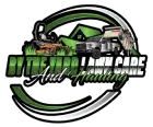 Logo: Green and white, lawn care and hauling company, features truck, lawnmower, and house outline.