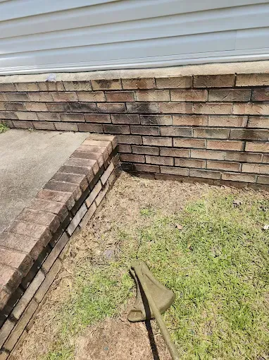 Brick wall with dark stains, grass, and weed eater.