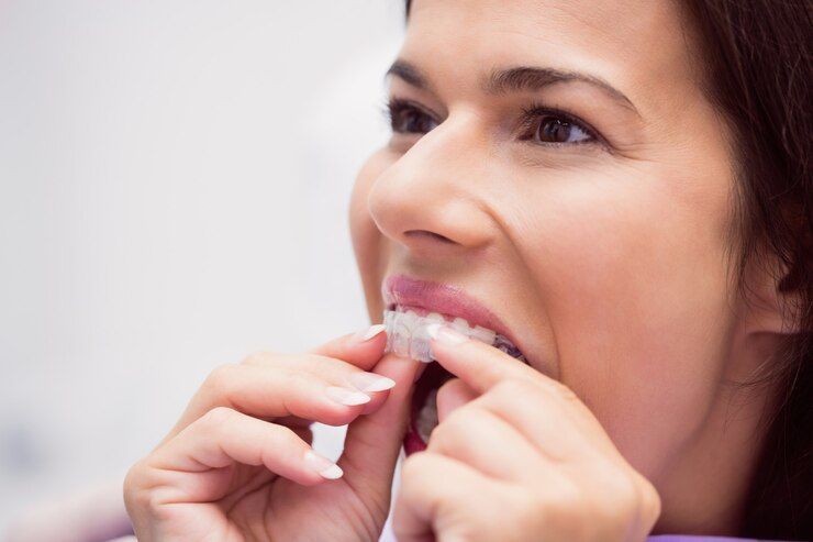 A woman is putting a clear braces on her teeth.