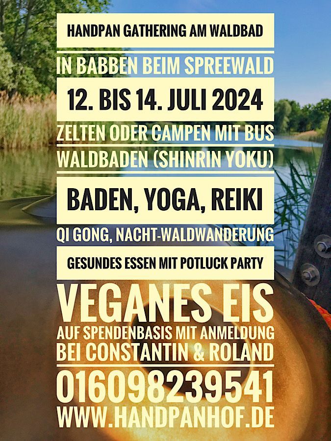 Flyer vom Handpan Gathering am Waldbad in Babben beim Spreewald und HandpanHof im Juli 2024