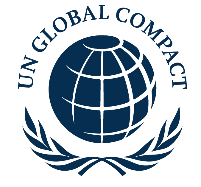 um logotipo azul para o pacto global da ONU com um globo e uma coroa de louros