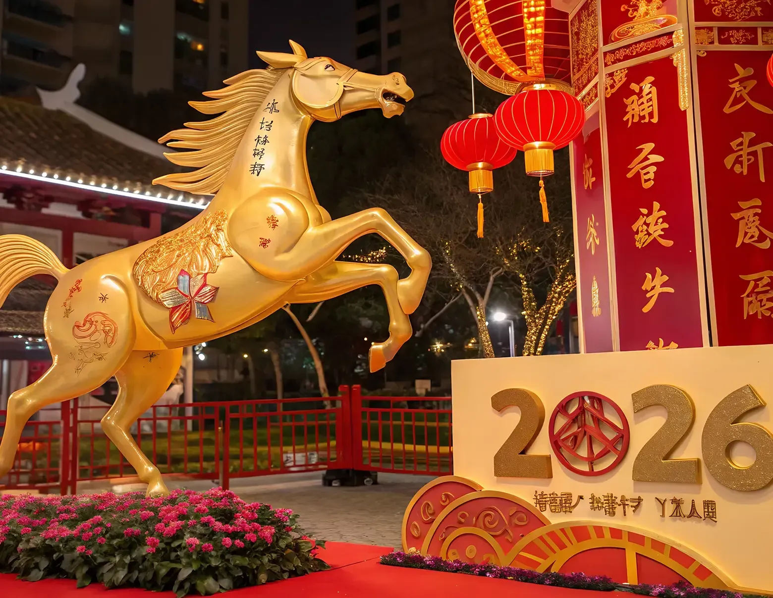 Estátua de cavalo dourado, decoração do Ano Novo Chinês. Lanternas vermelhas, placa com o ano de 2026, cenário de templo.