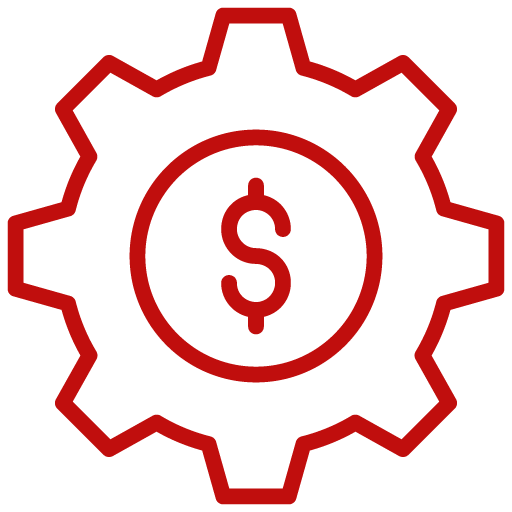 uma engrenagem com um cifrão e setas apontando para baixo.