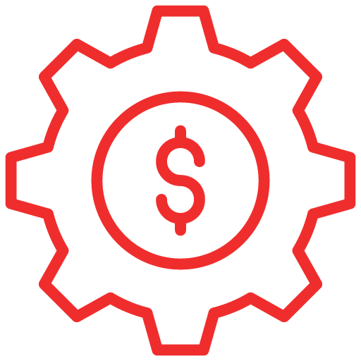 uma engrenagem com um cifrão e setas apontando para baixo.