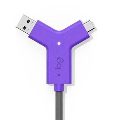 Um cabo logitech roxo com duas portas USB