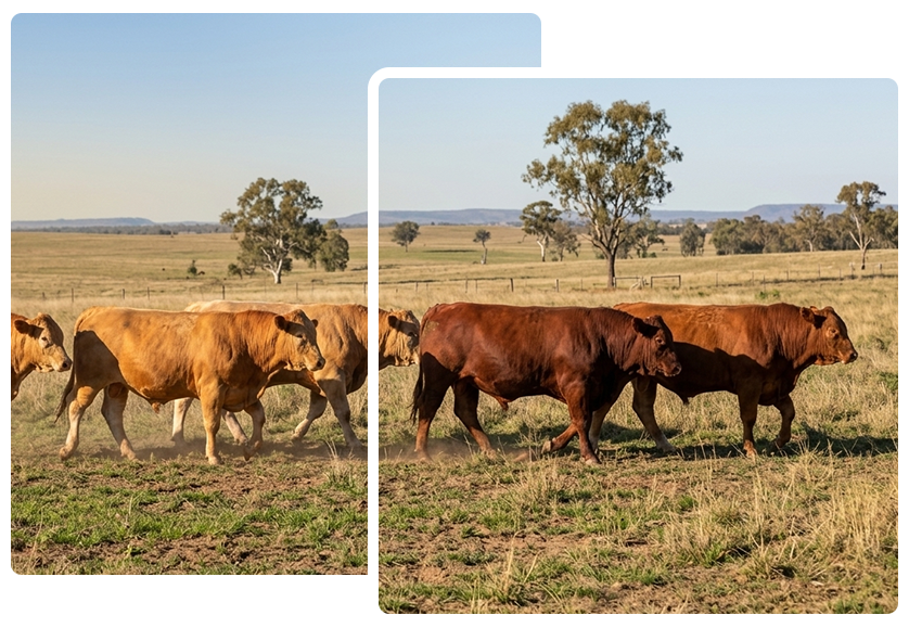 Two images of a cream-colored cow in a grassy field; one side view, one full view.