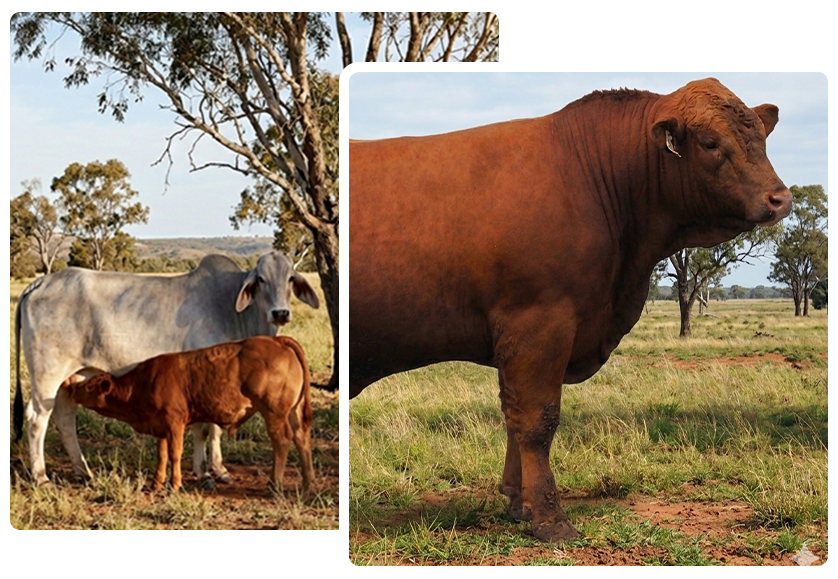 Brown bull grazing, next to scientists in protective suits examining DNA on a computer screen.
