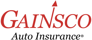 A logo for gainsco auto insurance with a red arrow pointing up