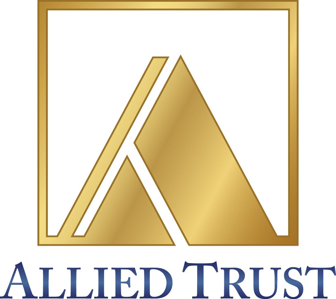 A logo for allied trust with a gold triangle in a square