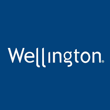 The logo for wellington is on a blue background.