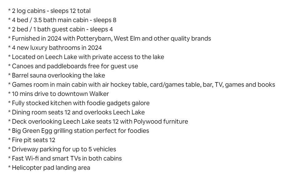 cabin rental amentities
