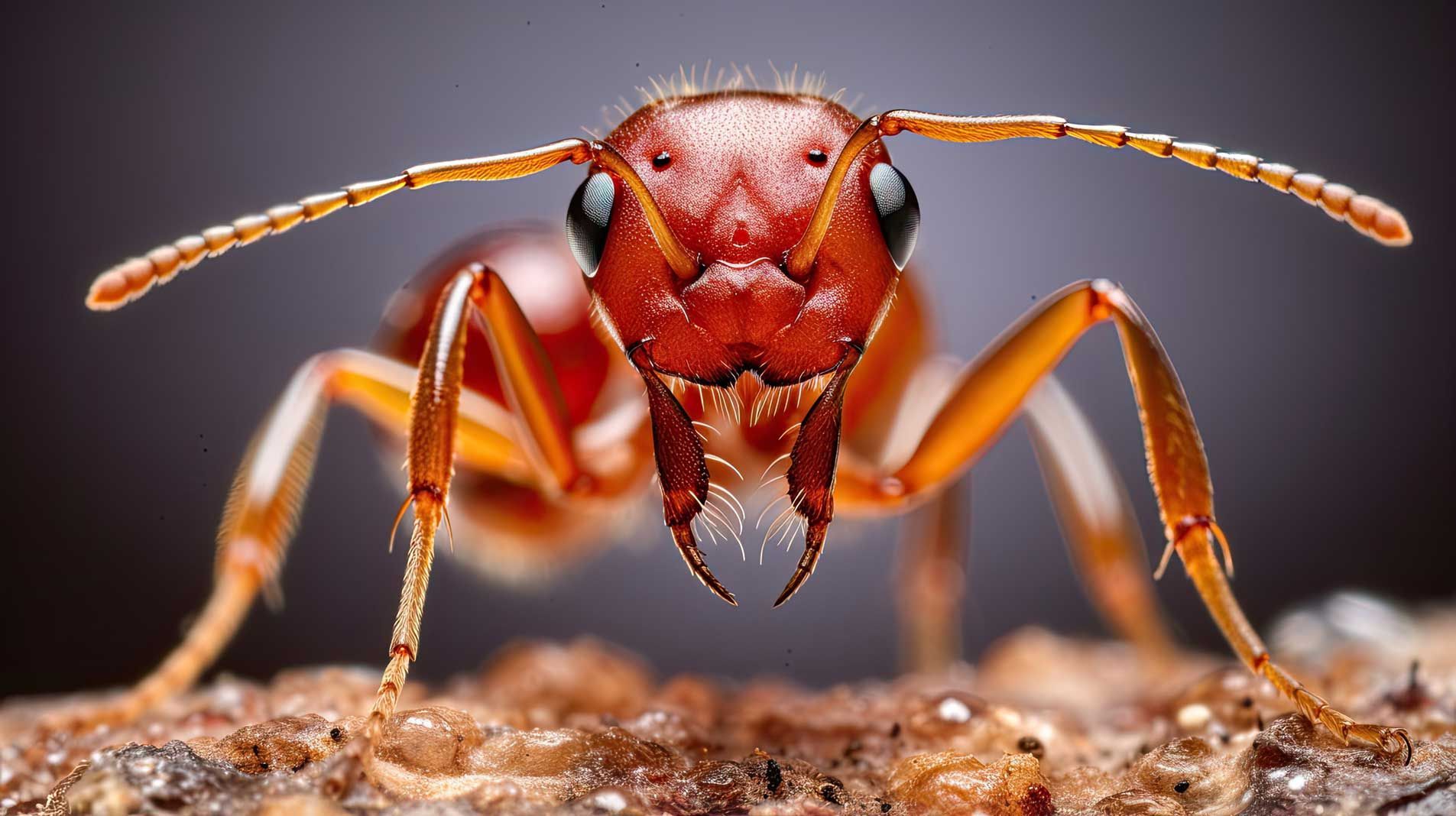 A close up of a red ant looking at the camera.