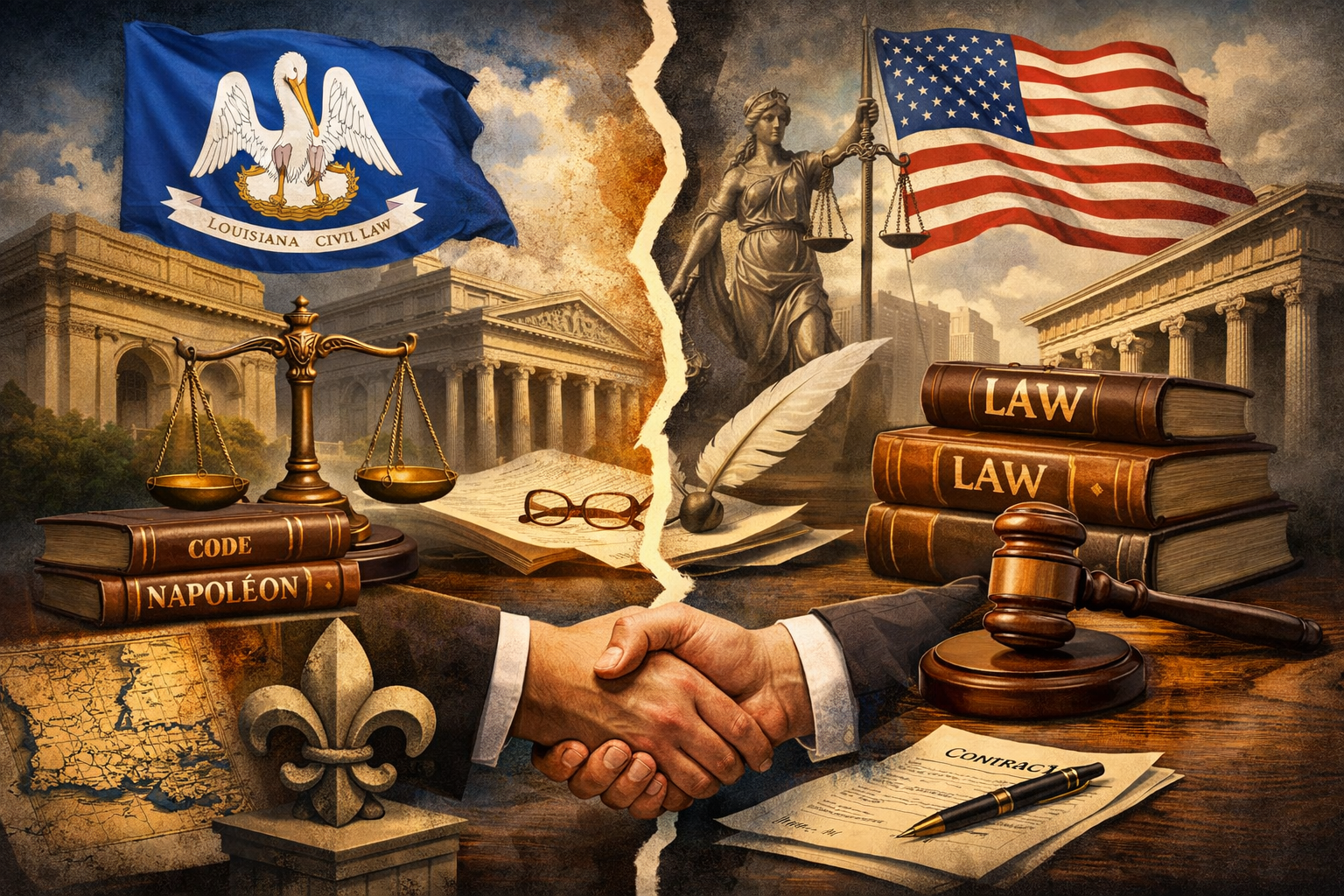 Louisiana and US law split; handshake, flags, scales, books.