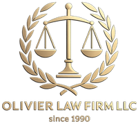 Olivier Law Firm LLC logo with gold scales of justice and laurel wreath; “since 1990” underneath