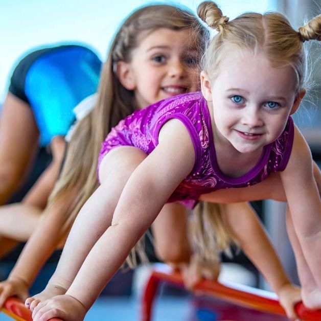 A little girl in a purple shirt is crawling on a red bar