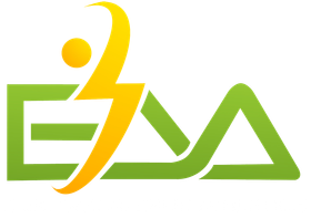 A green and yellow logo for eva with a person in the middle