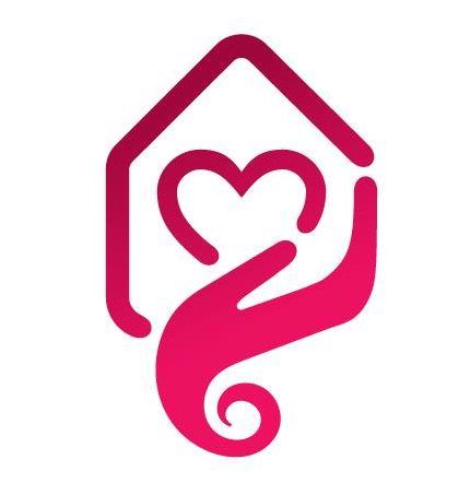 Pink icon: Heart in house, held by a hand. Concept of care and home.