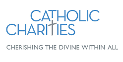 Logo for Catholic Charities with blue text and cross, tagline: Cherishing the Divine Within All.