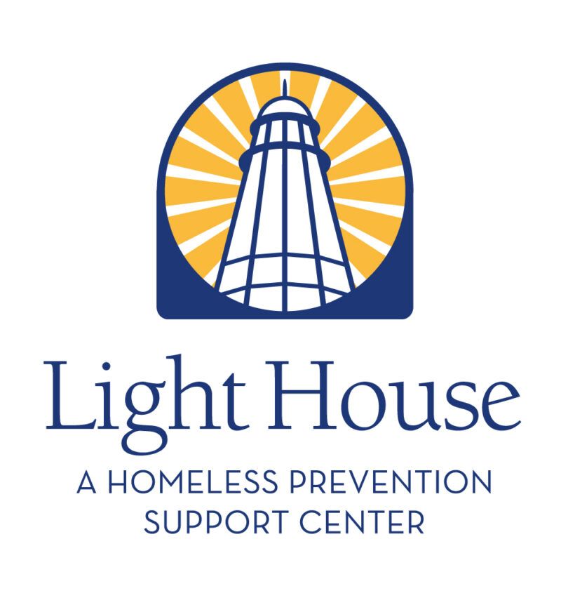 Logo for Light House: Lighthouse illustration with sunburst, blue and yellow colors. Text below.