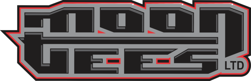 Logo for GOOD TEES LTD, black text with silver outline, red and silver border.