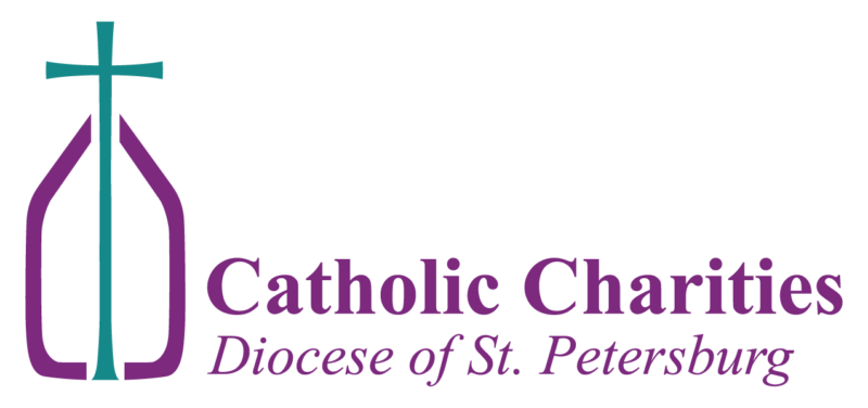 Catholic Charities logo with a teal cross and purple outline, 