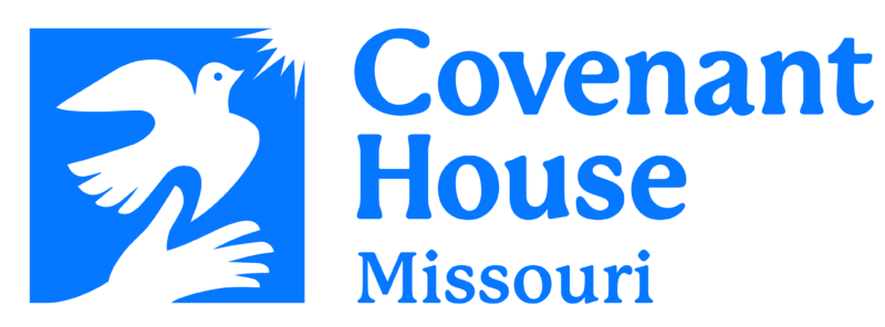 Covenant House Missouri logo: white dove and hands on a blue background, blue text.