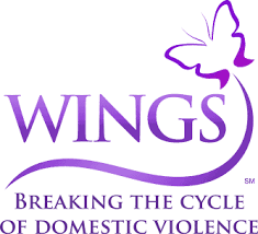 Purple logo for WINGS, an organization against domestic violence, featuring a butterfly and text.