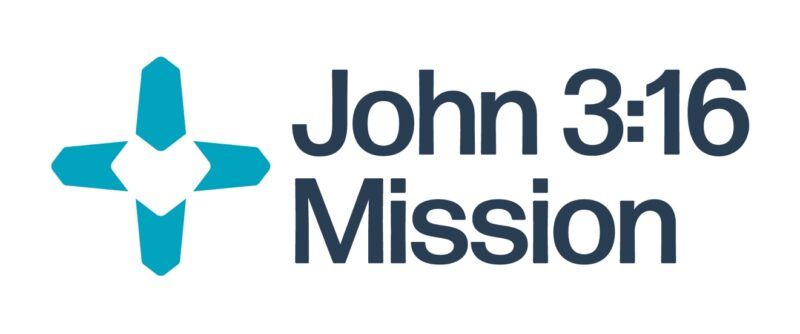 Logo for John 3:16 Mission, teal cross symbol next to text in a dark blue font.