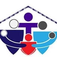 People figures in a house shape, embracing; blue, purple, red, gray, white colors.