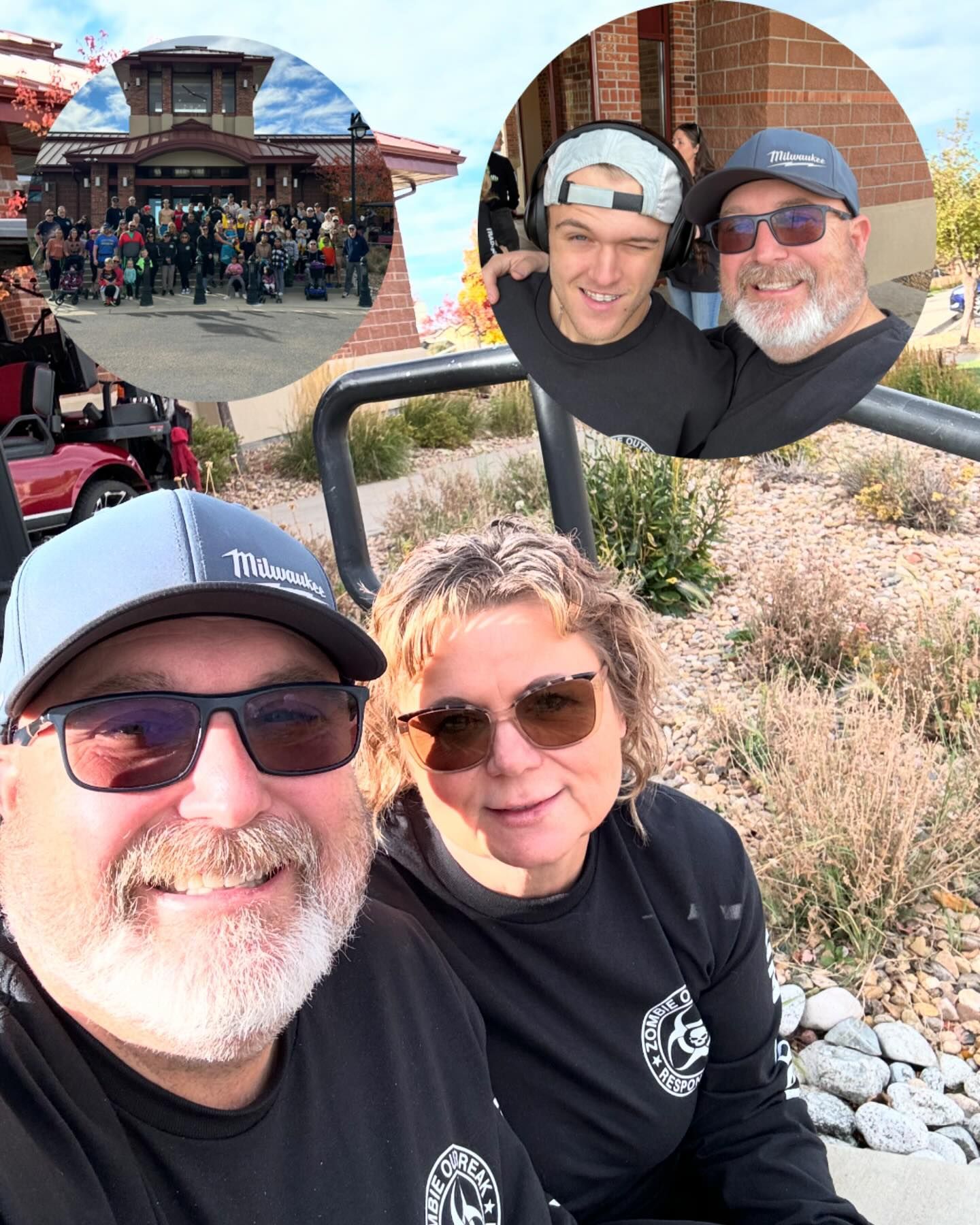 A man and a woman are posing for a picture while sitting in a golf cart.
