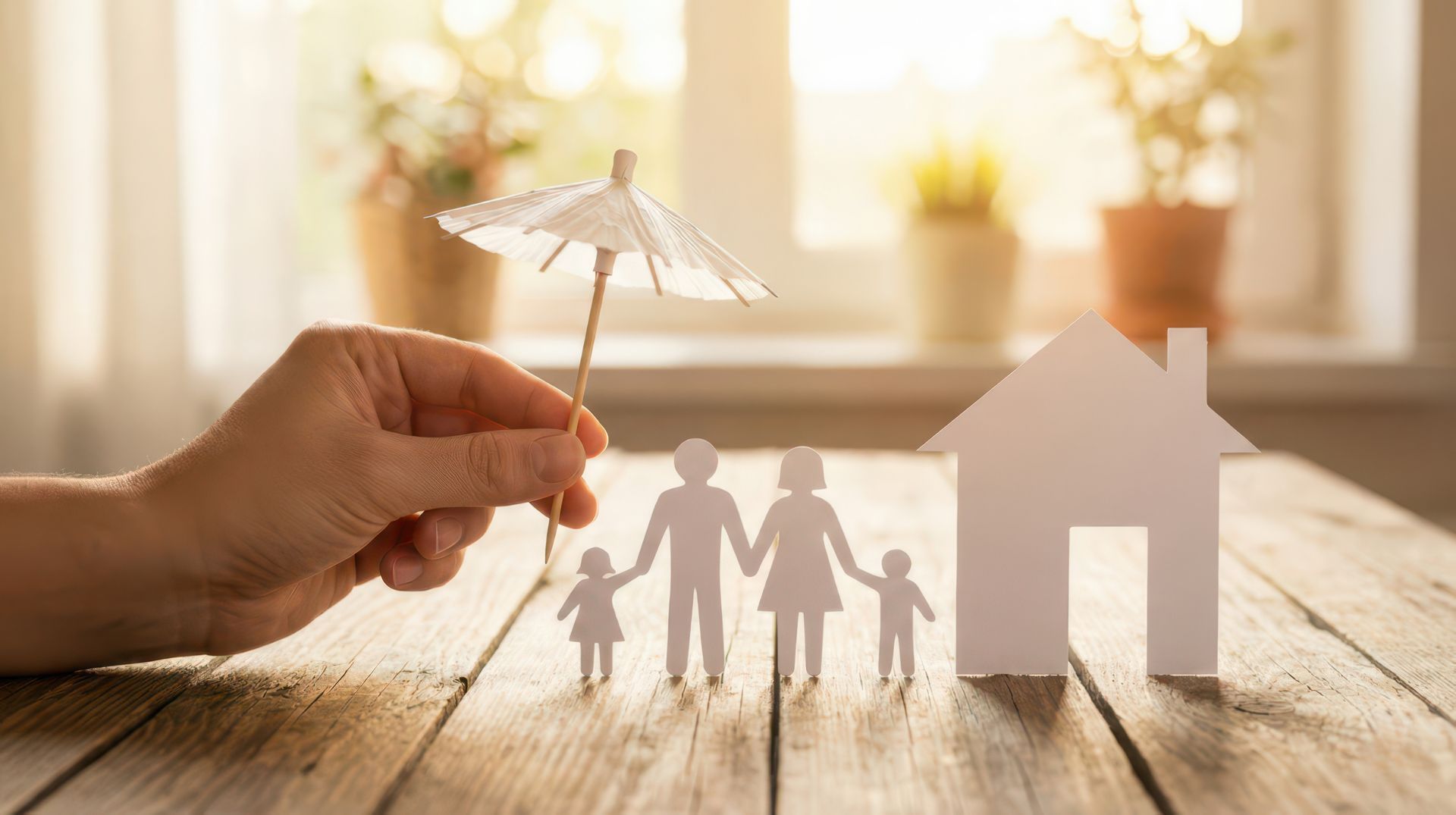 Hand holding an umbrella over paper cutouts of a family and a house, symbolizing protection and home.