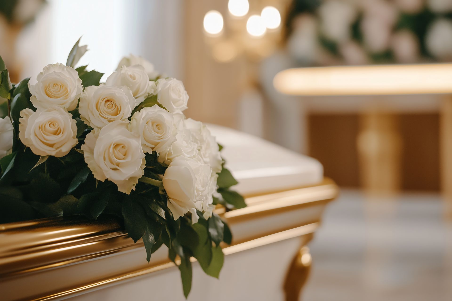 White roses on a closed, ornate casket in a brightly lit room.