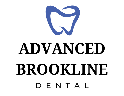 The logo for advanced brookline dental has a tooth in the shape of a heart.