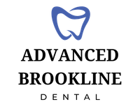 The logo for advanced brookline dental has a tooth in the shape of a heart.