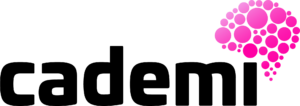 A logo for cademi with pink circles in the shape of a brain