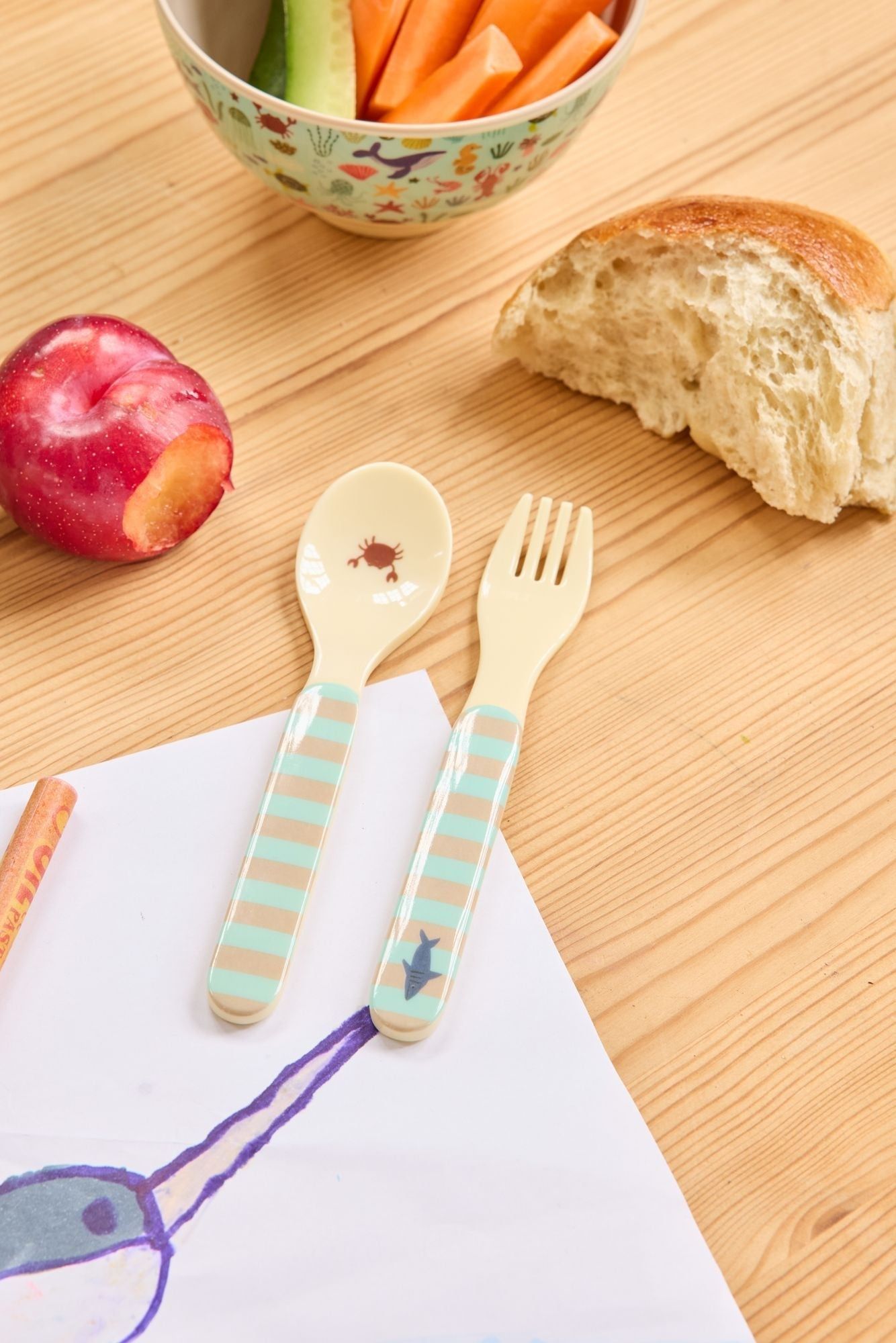 Kinder lepel en vork - blauw - Ocean print