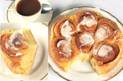 Plate of 7 Sisters Danish rolls with icing next to a cup of coffee.
