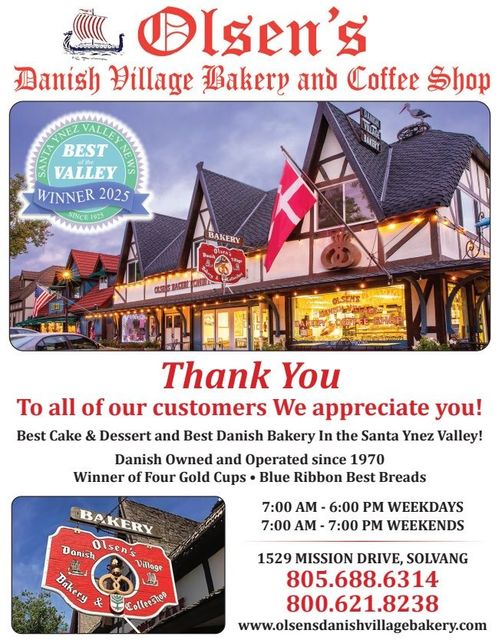 Olsens Danish Village Bakery flyer announcing best Danish Bakery in Solvang CA