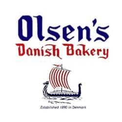 Logo for Olsen's Danish Bakery: Blue and red text over a Viking ship illustration. Established 1890 in Denmark.