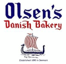 Olsen's Danish Bakery logo: blue script text over red text, a Viking ship illustration below.