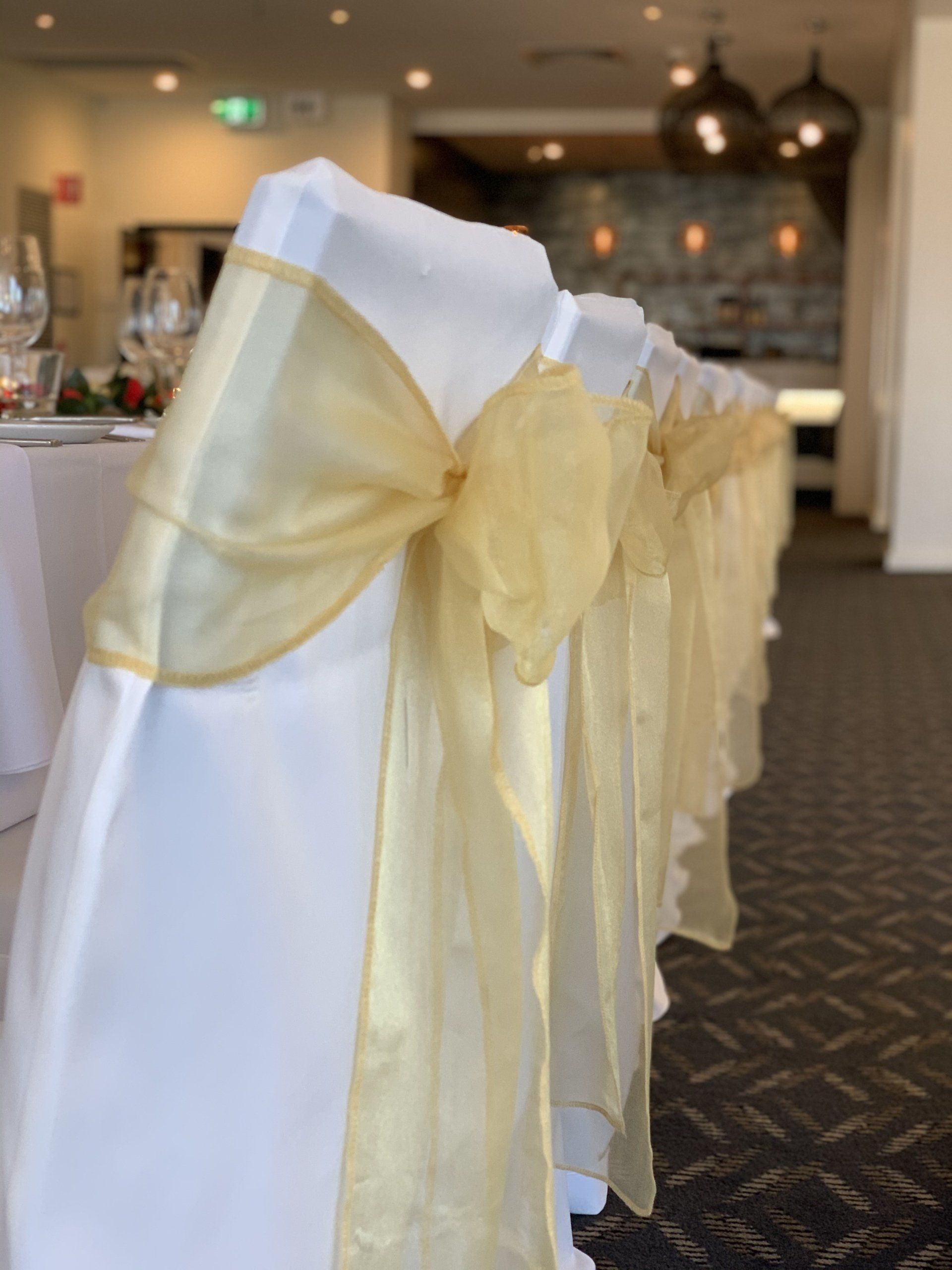 A row of white chairs with gold bows on them
