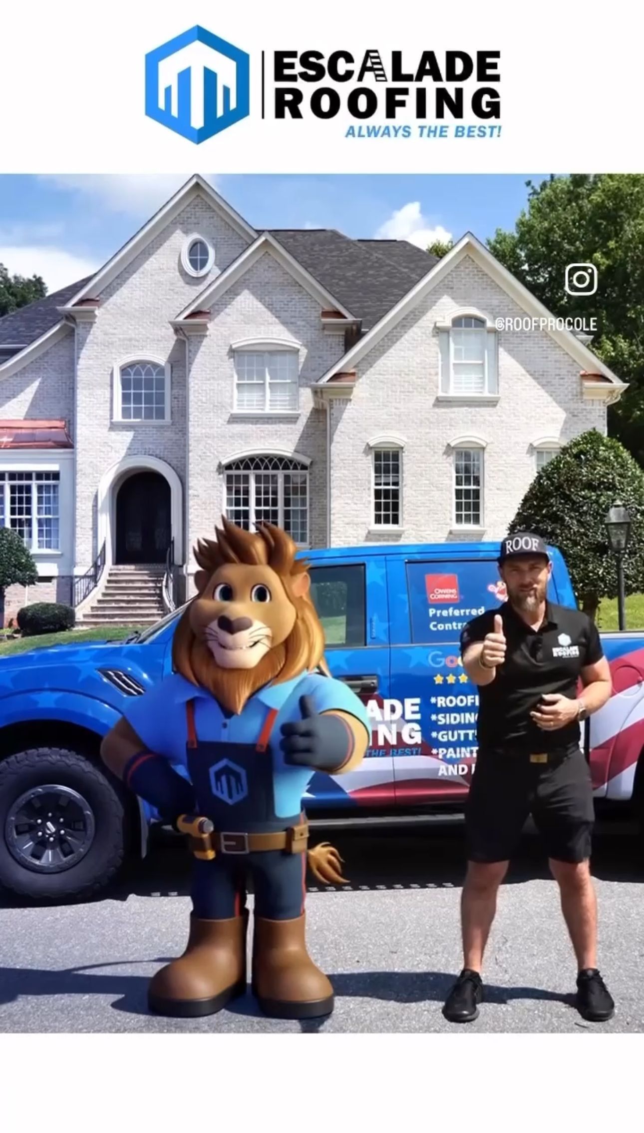Man giving thumbs up in black uniform with lion escalade roofing