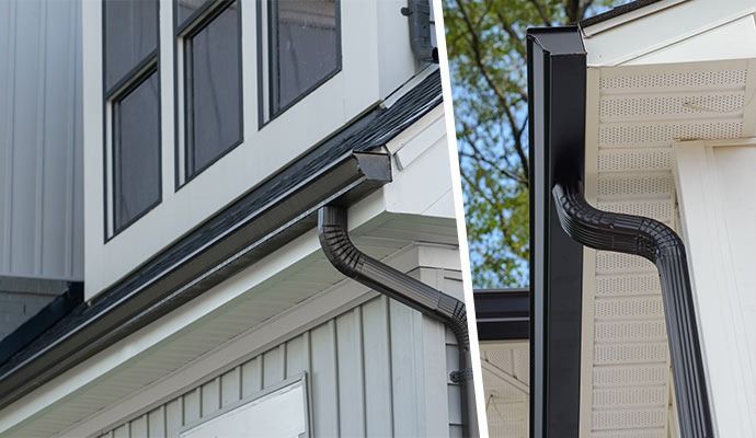 Two sections of a house showing black rain gutters along the roofline and down a wall.