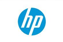 the hp logo is in a blue circle on a white background .