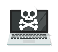 a laptop computer with a skull and crossbones on the screen .