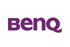 the benq logo is purple and white on a white background .