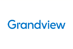 the grandview logo is blue and white on a white background .