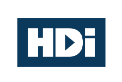 a blue and white hdi logo on a white background .