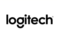 the logitech logo is black and white on a white background .
